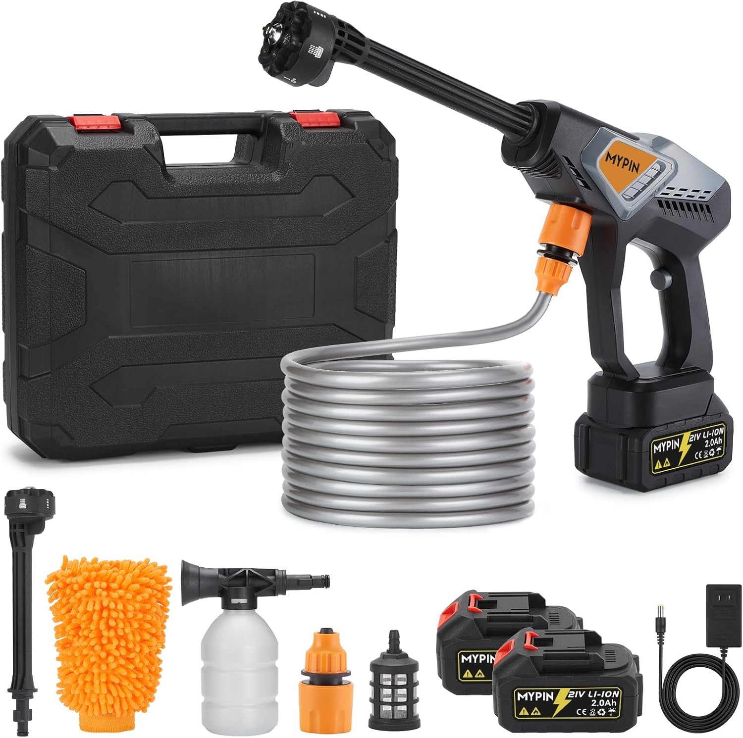 Portable Cordless Pressure Washer 600 PSI 21V w/ 2 Batteries & 6-in-1 Nozzle