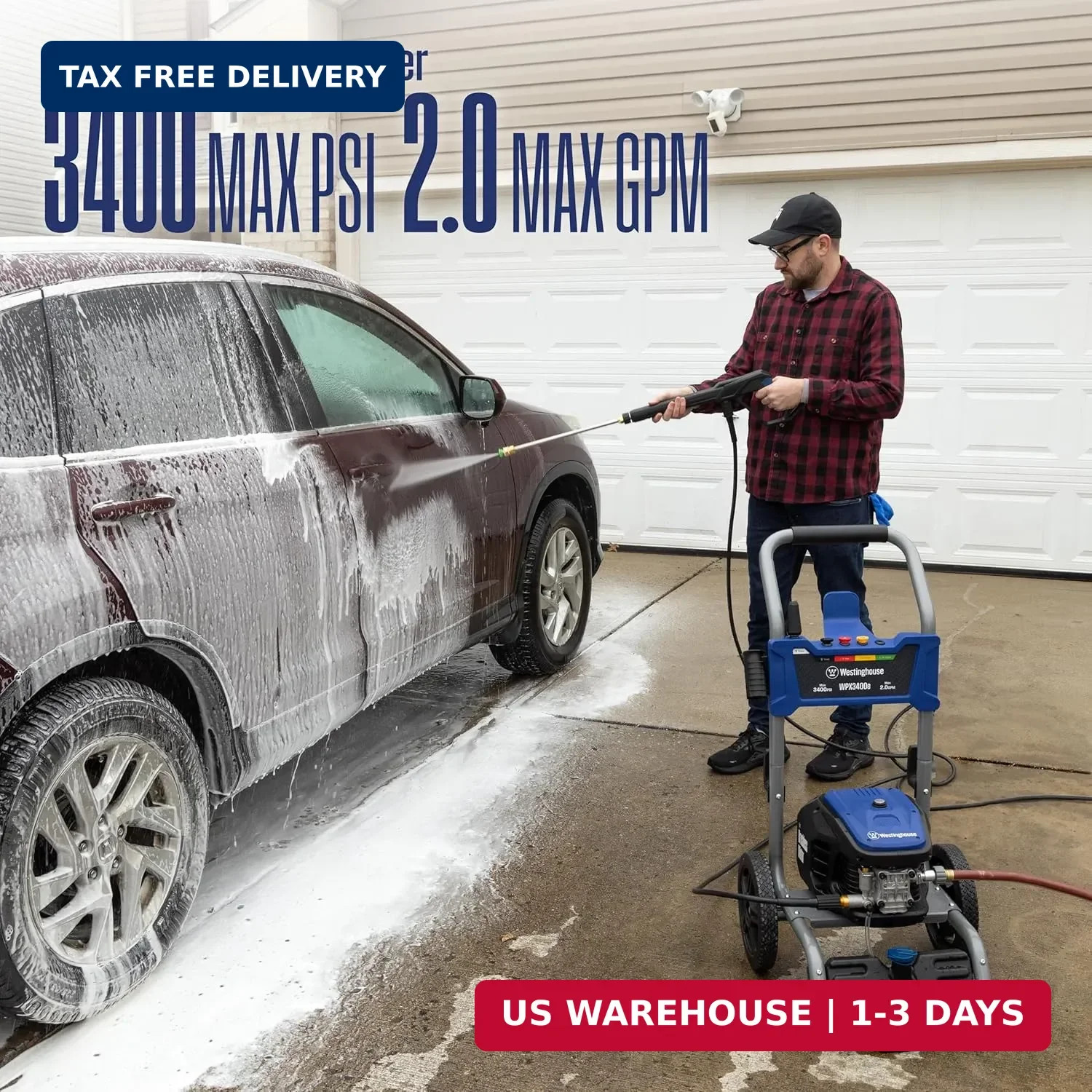Westinghouse WPX3400e Electric Pressure Washer, 3400 Max PSI and 2.0 Max GPM, Br