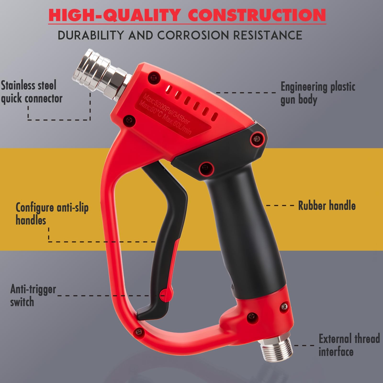 Pressure Washer Gun Short Gun 2 Wands 5 Nozzle Tips M22 Fitting 5200 PSI