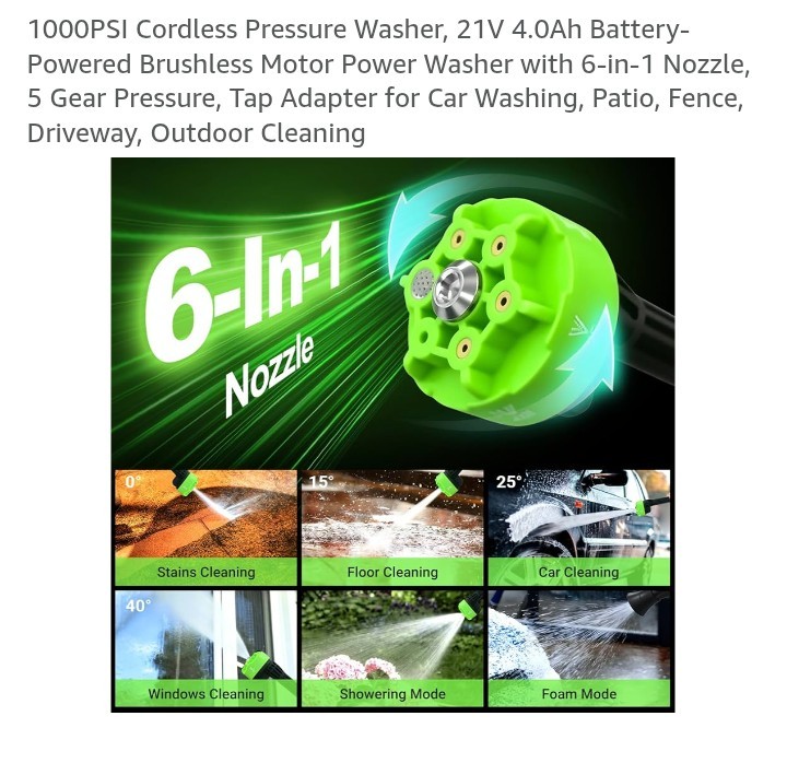 1000PSI Cordless Pressure Washer, 21V 4.0Ah Battery-Powered Brushless Motor Powe