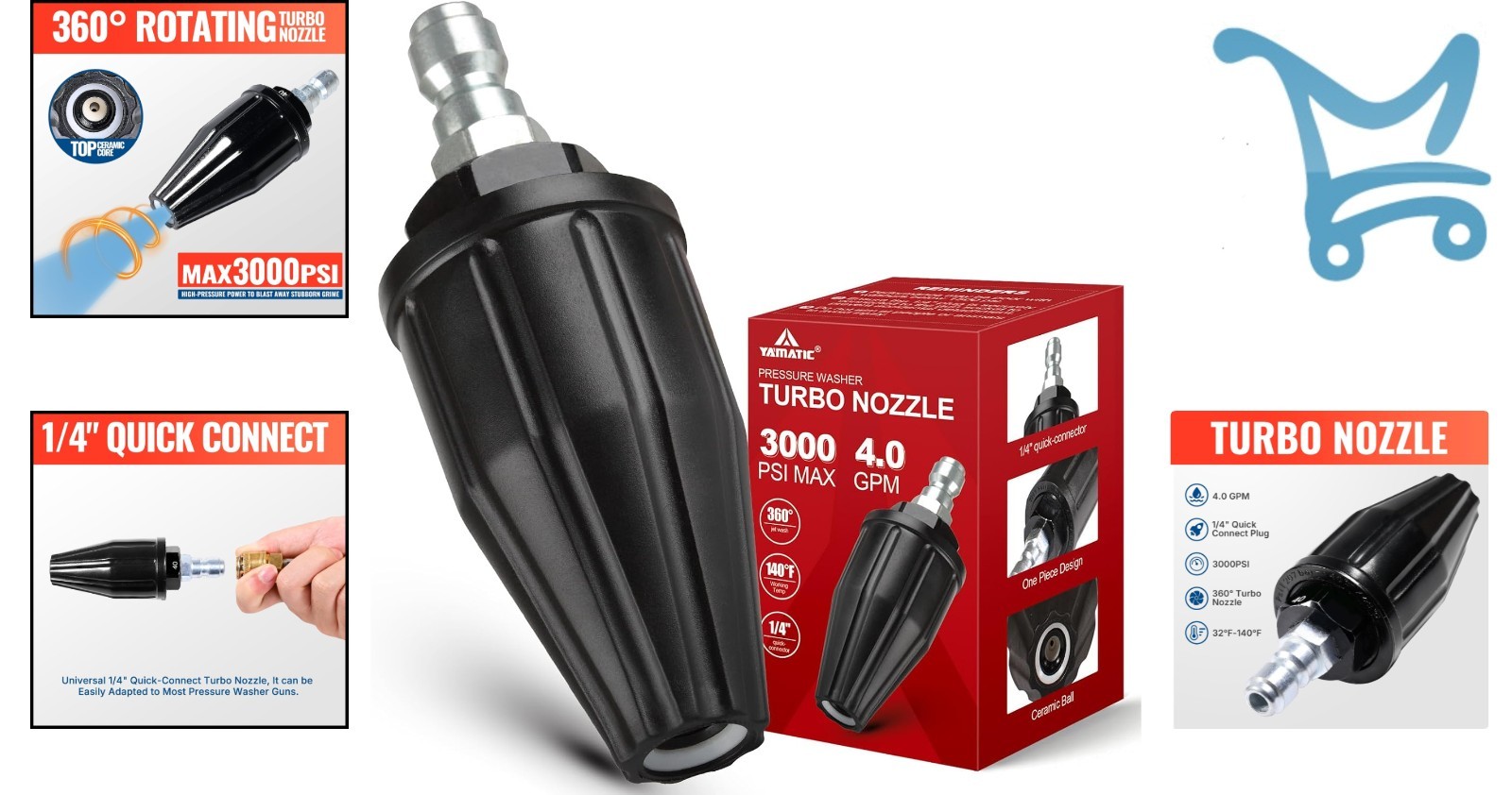 Pressure Washer Turbo Nozzle 360° Rotating Spray 3000 PSI 4.0 GPM Quick Connect