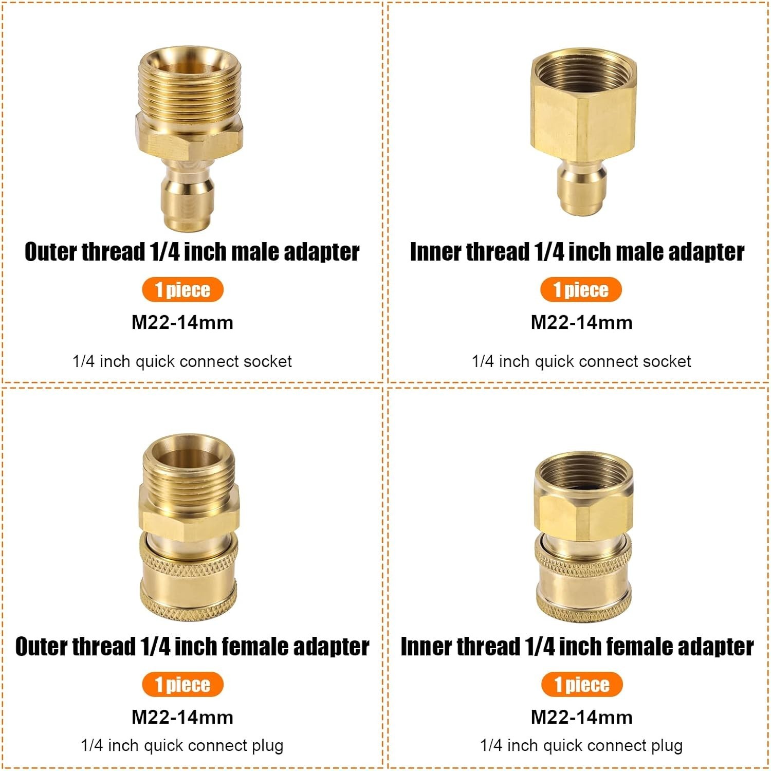 4pcs M22-14mm to 1/4in Pressure Washer Adapter, Quick Connect & Fast Disconne…