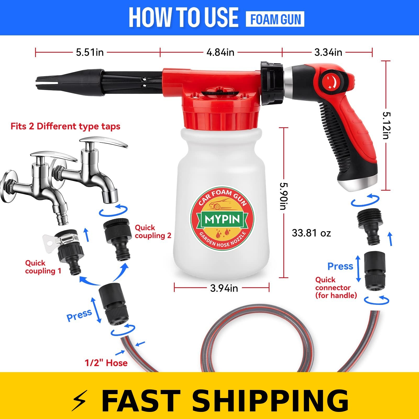 MYPIN Car Wash Foam Gun 16 in 1 with Adjustable Dial for Cleaning