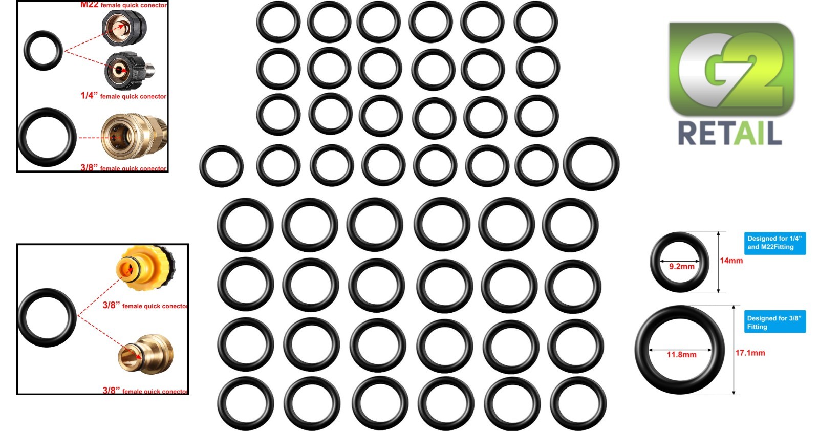 Durable 50-Piece O-Ring Set for Pressure Washers: 1/4in & 3/8in Compatibility