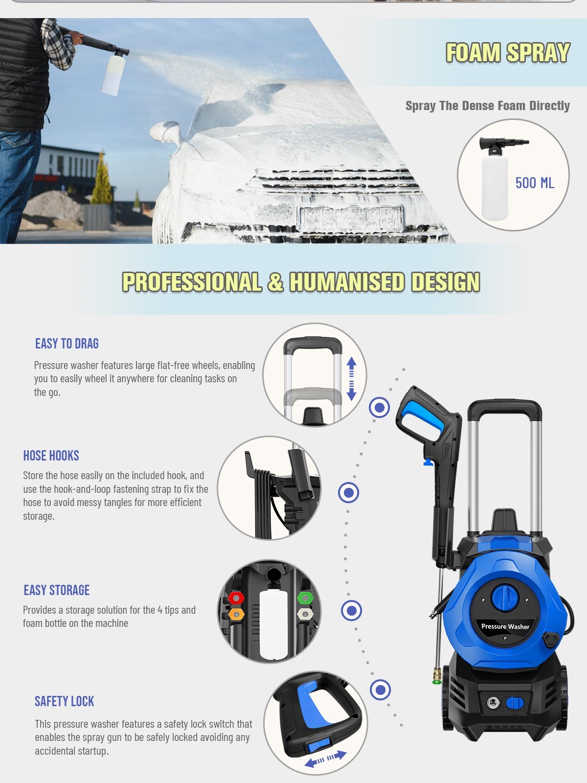 Electric Pressure Washer With 25FT Hose, 4 Nozzles 4800PSI MAX 2.8 GPM