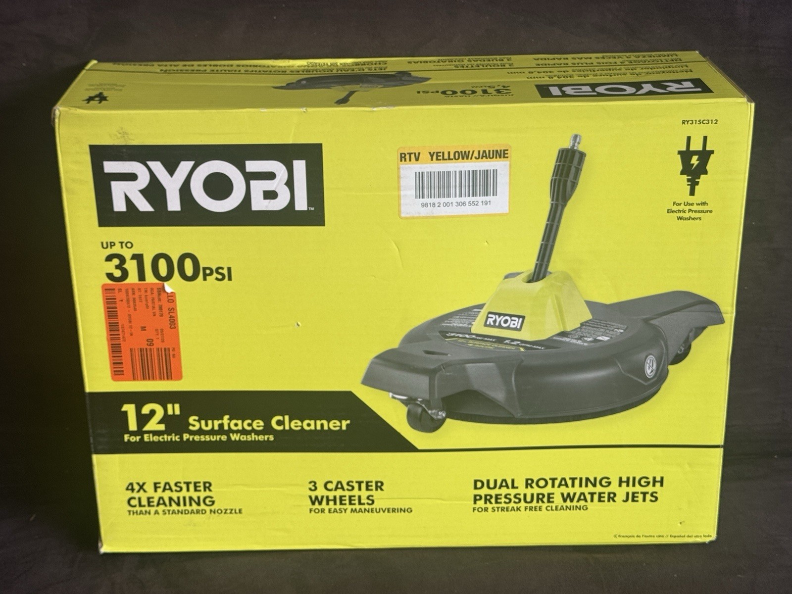 RYOBI 12 in. 3100 PSI Electric Pressure Washer Surface Cleaner w/Caster Wheels