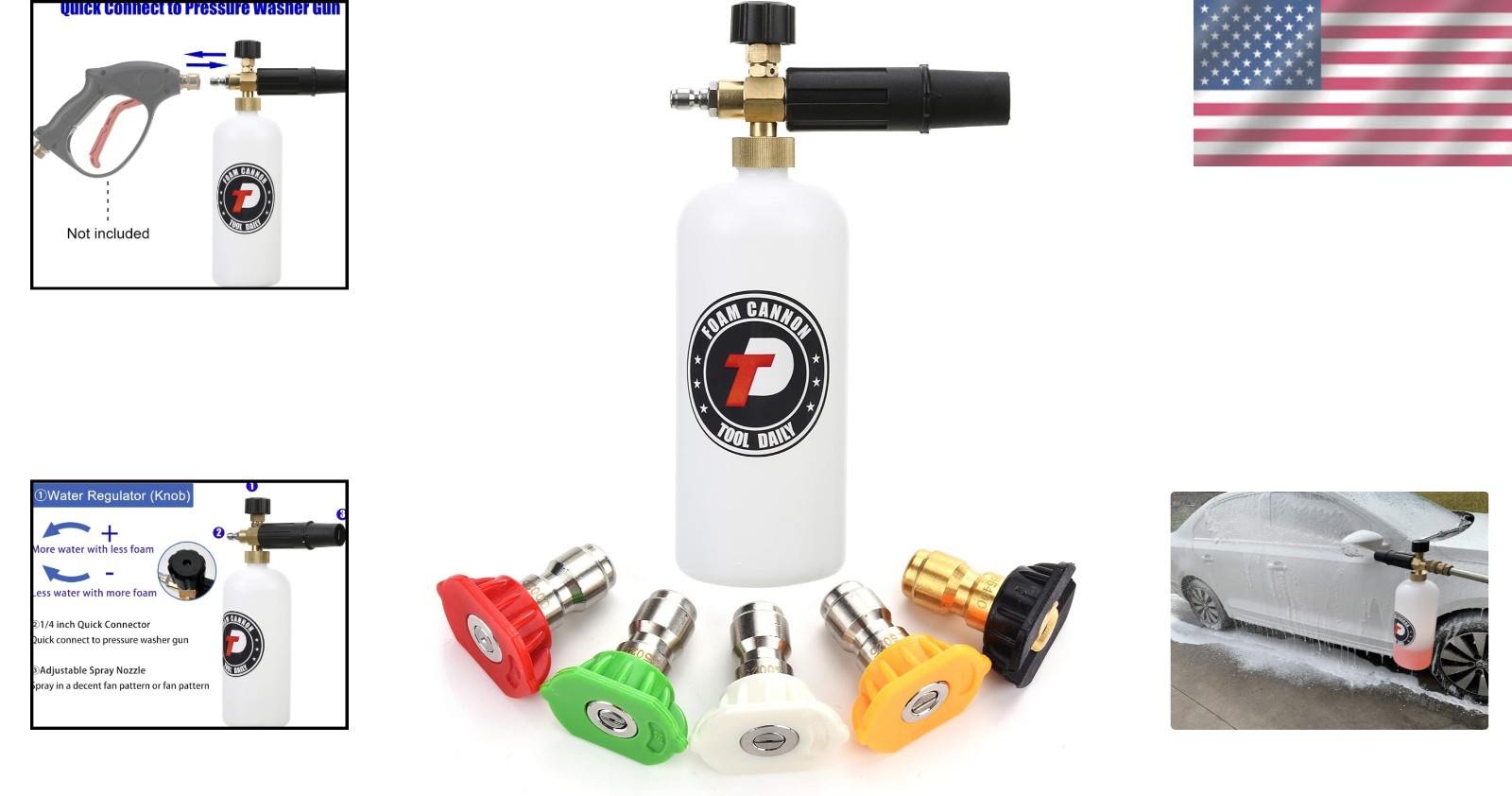 Professional Grade Foam Cannon with Quick Connector – 1 Liter, 5 Nozzle Options