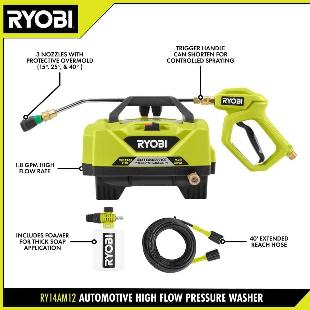 RYOBI 1200 PSI 1.8 GPM Cold Water Automotive High Flow Electric Pressure Washer