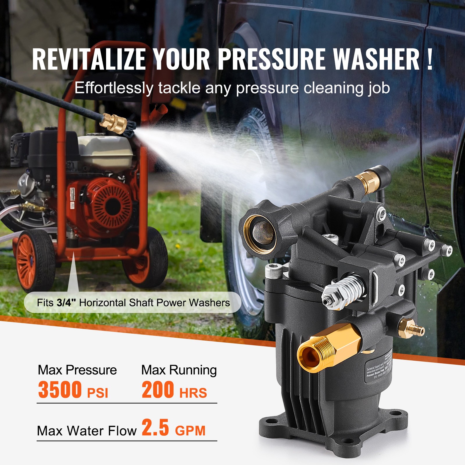 Uimoso Pressure Washer Pump 3/4″ Shaft Horizontal 3500 PSI 2.5GPM with 5 Nozzles