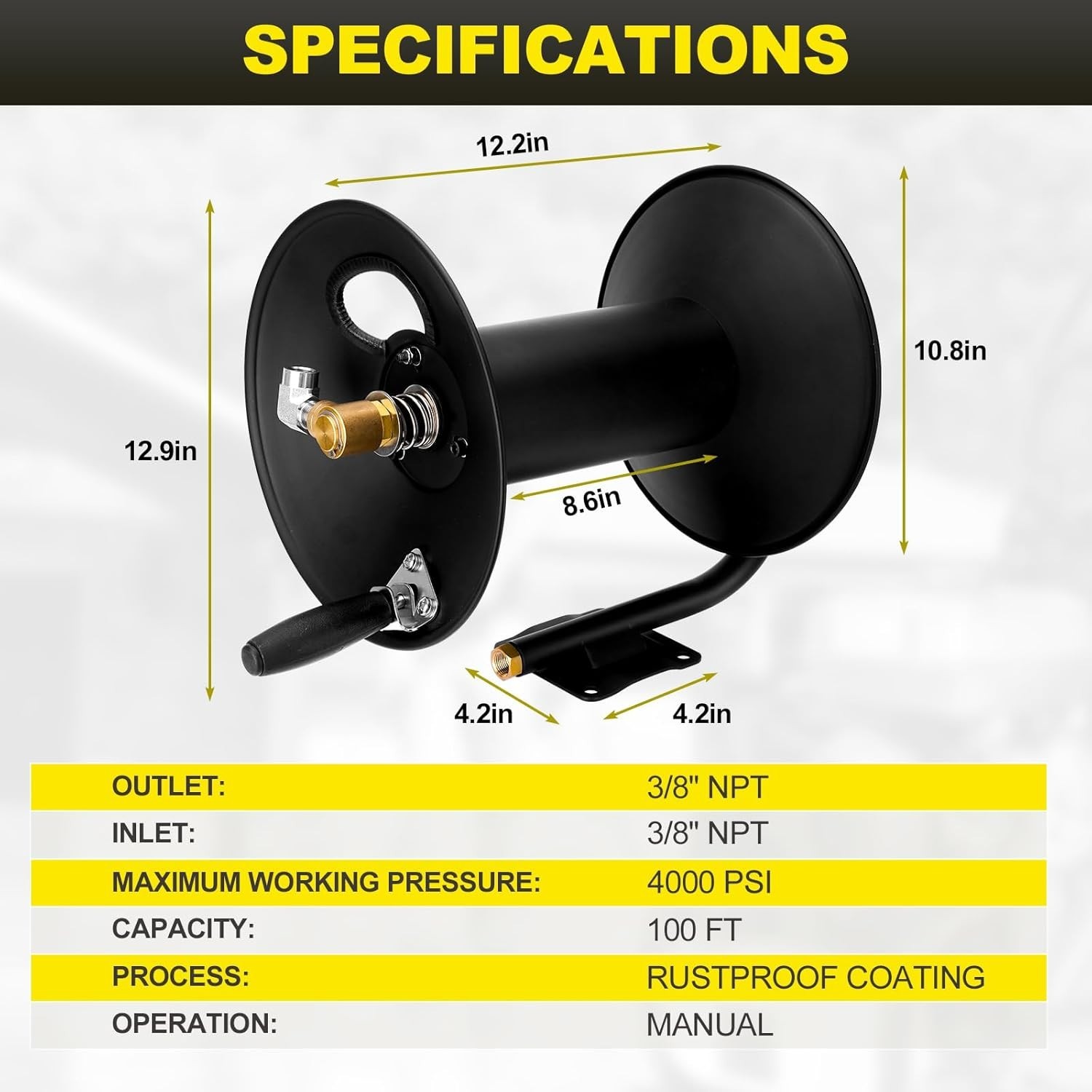 High Pressure Washer Hose Reel 100ft 3/8″ NPT, 4000 PSI Heavy Duty Steel Powe…