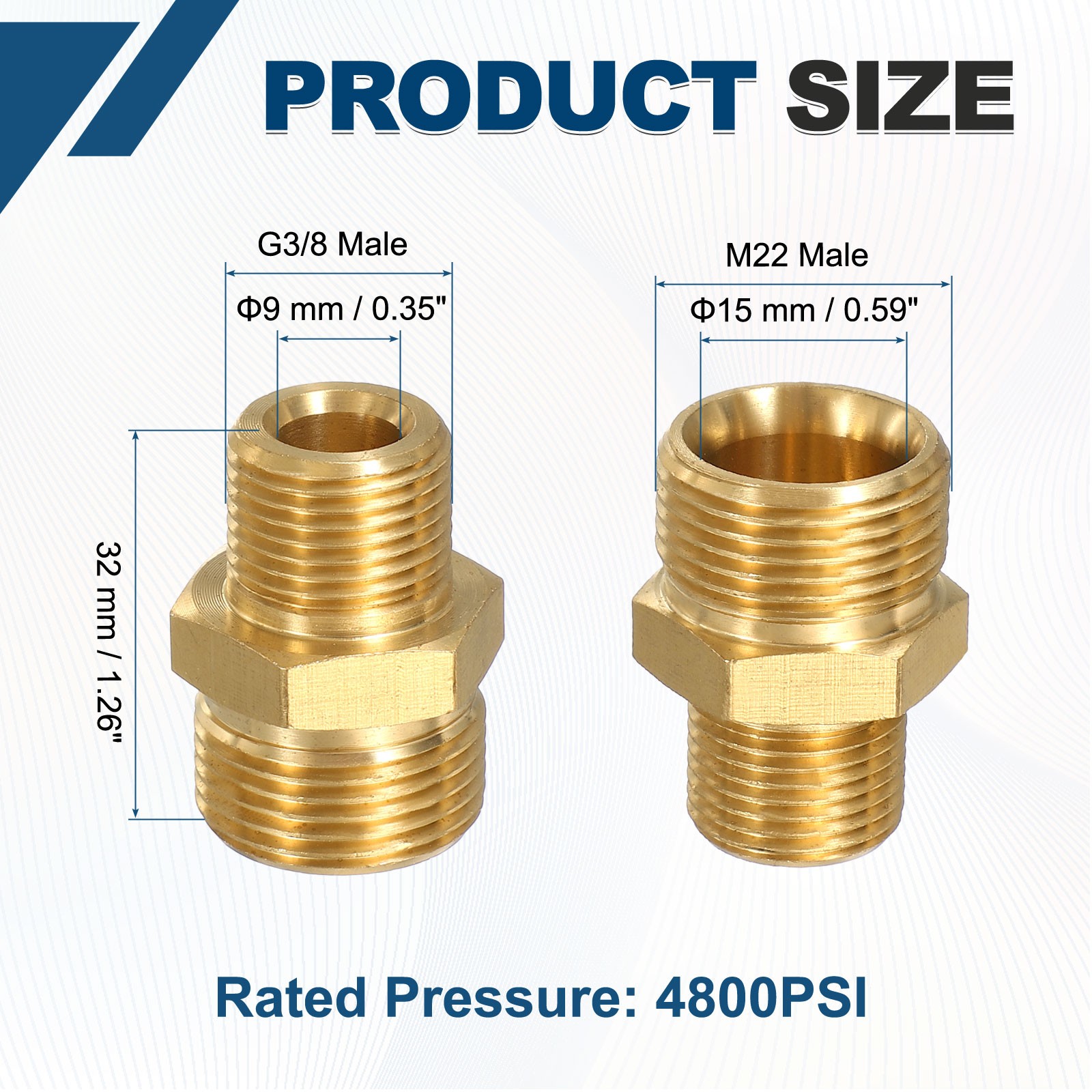Pressure Washer Connector M22 Male to G3/8 Male Flat 4800PSI Copper