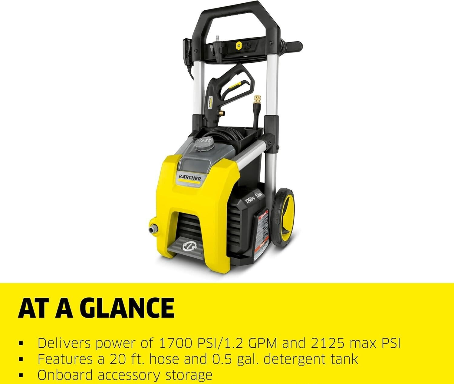 Pressure Washer K1700, Max 2125 PSI, 3 Spray Nozzles, Detergent Tank, For Cars,
