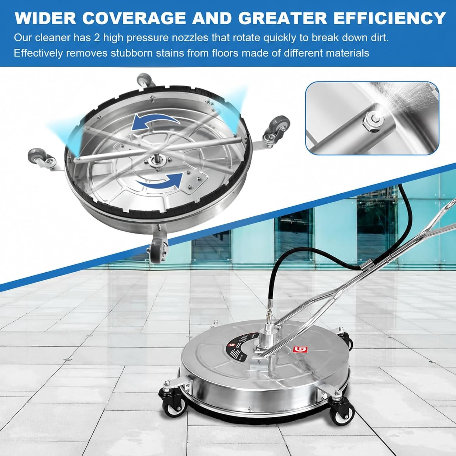 24″ Pressure Washer Surface Cleaner Stainless Steel Dual Handle Surface Cleaner