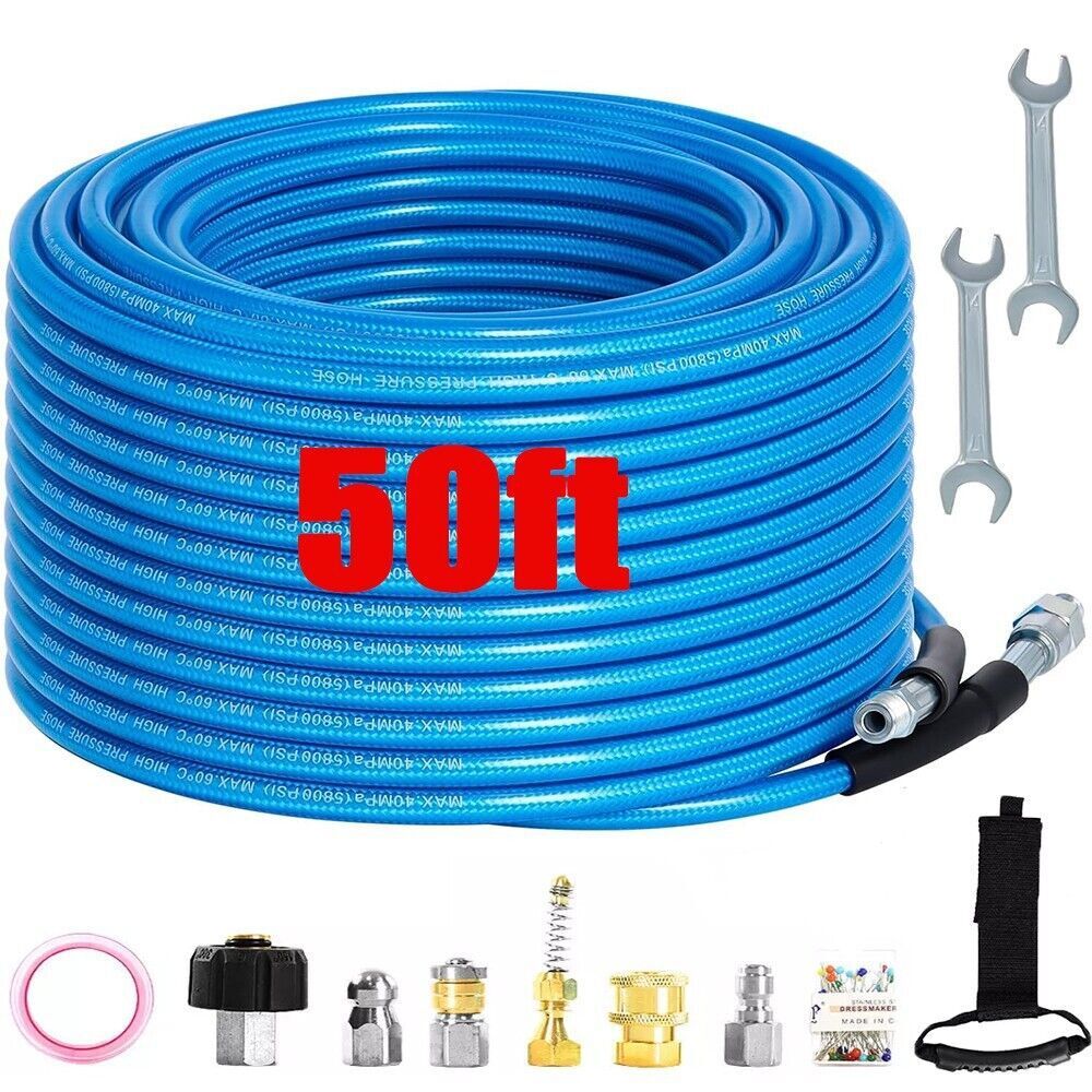 Sewer Jetter Kit for Pressure Washer Drain Cleaner Hose 50FT 1/4″ M-NPT 5800PSI