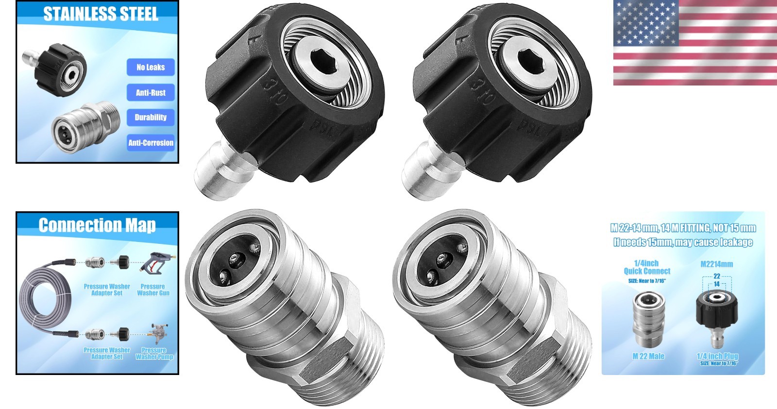 Upgrade Your Pressure Washer: M22 to 1/4” Stainless Steel Adapter Set, 4 Pcs