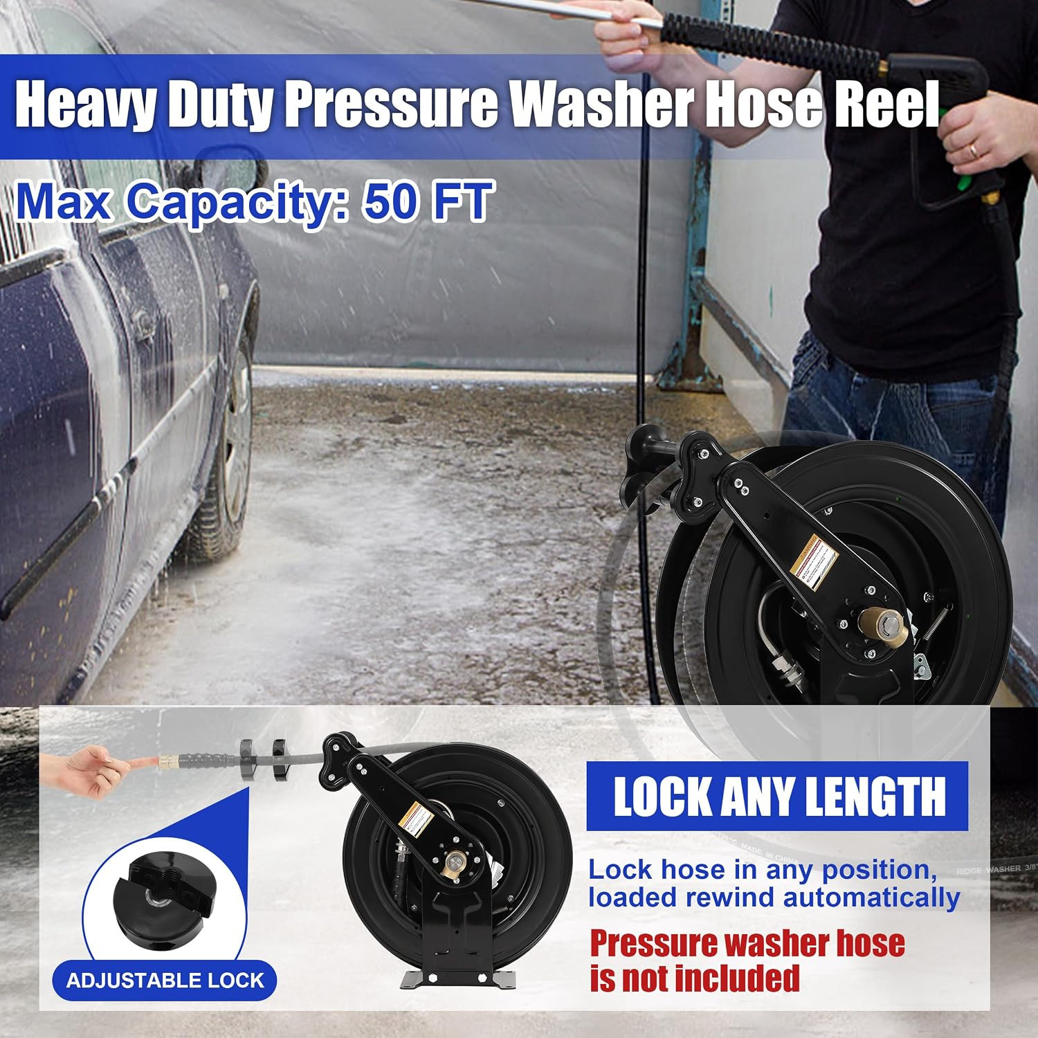 High Pressure Washer Hose Reel for Water/Air/Oil, 50 FT X 3/8″ or 100 FT X 1/4″