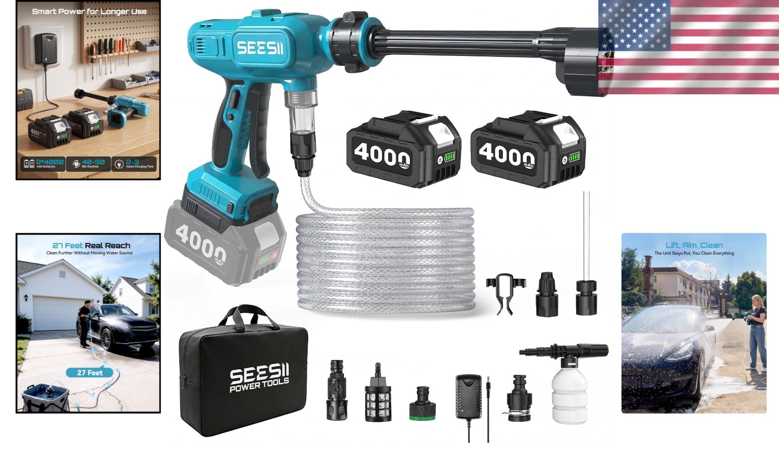 1250 PSI Cordless Power Washer | Brushless Motor, 27FT Hose