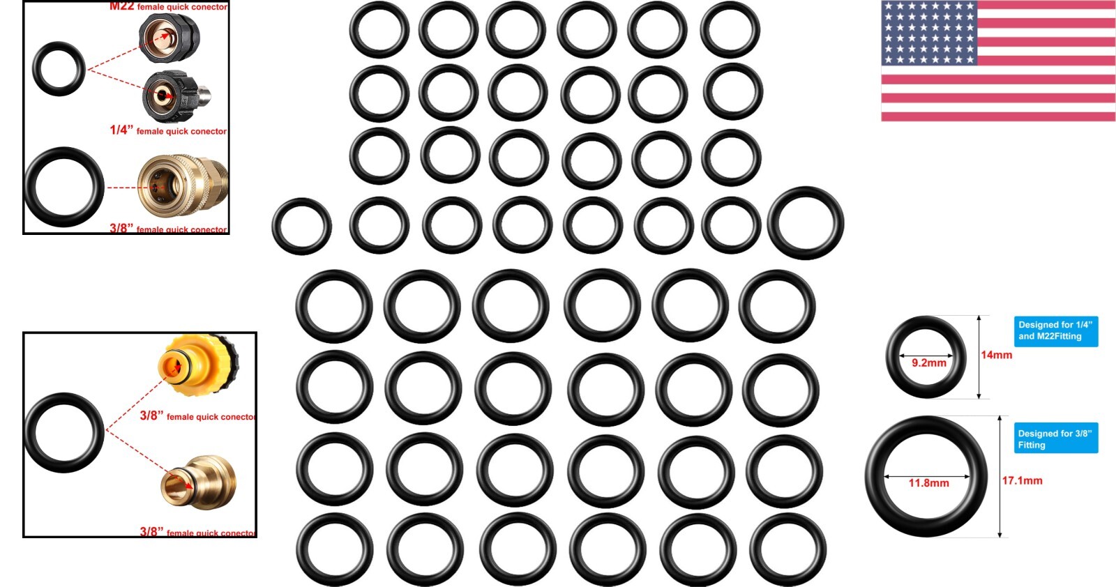 50-Piece O-Ring Set for Pressure Washers – Durable Rubber Seals, 1/4 & 3/8 Inch