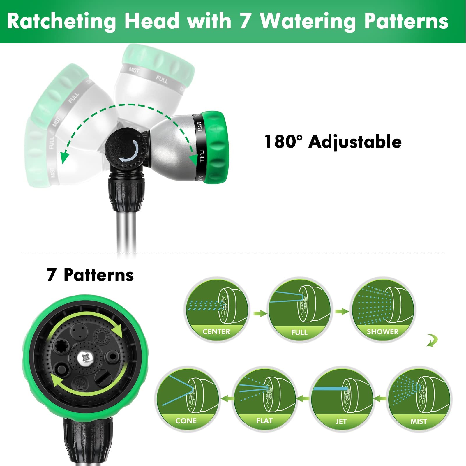 Metal Watering Wand, Heavy Duty Garden Hose Wand with 180° Swivel Ratcheting Hea