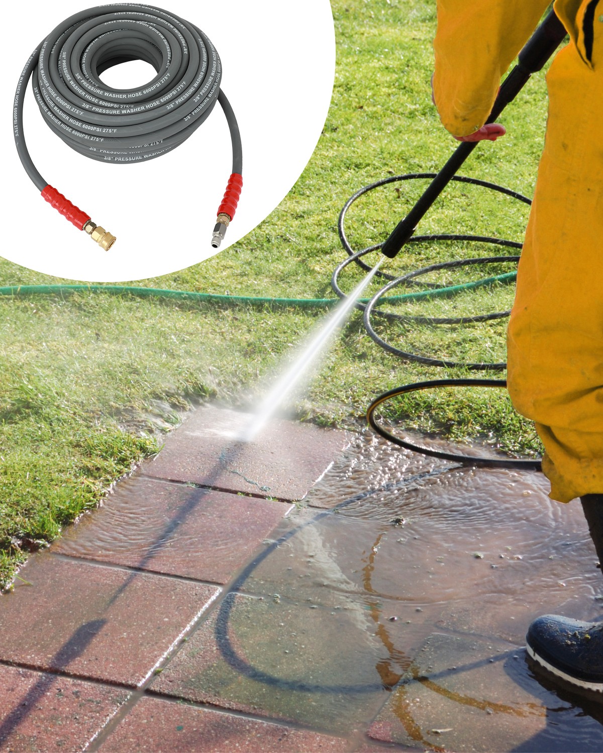 6000 PSI Pressure Washer Hose 3/8″ x 50ft / 100ft Non-Marking R2 Rating 2 Wire