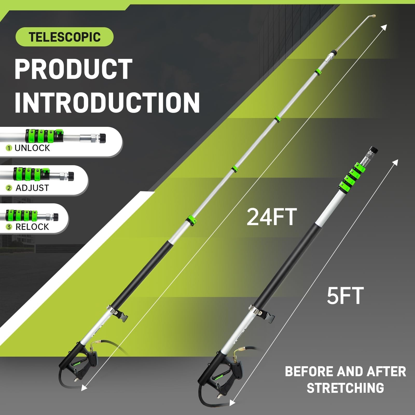 24FT Telescoping Pressure Washer Wand, Gutter Cleaner, 5 Nozzle Tips & Brush Hea