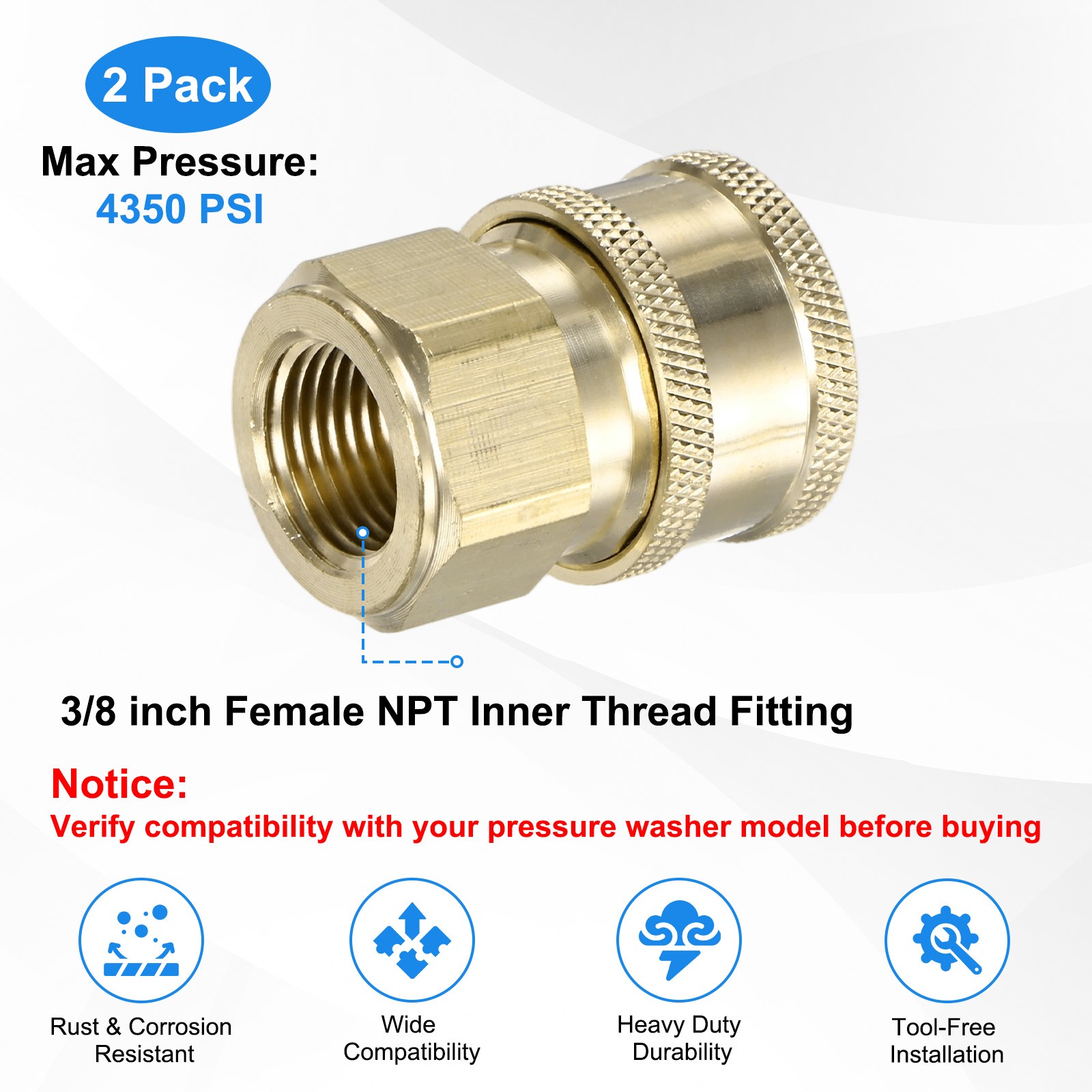 2-Pack Brass 3/8 Inch Female NPT Inner Thread Pressure Washer Coupler