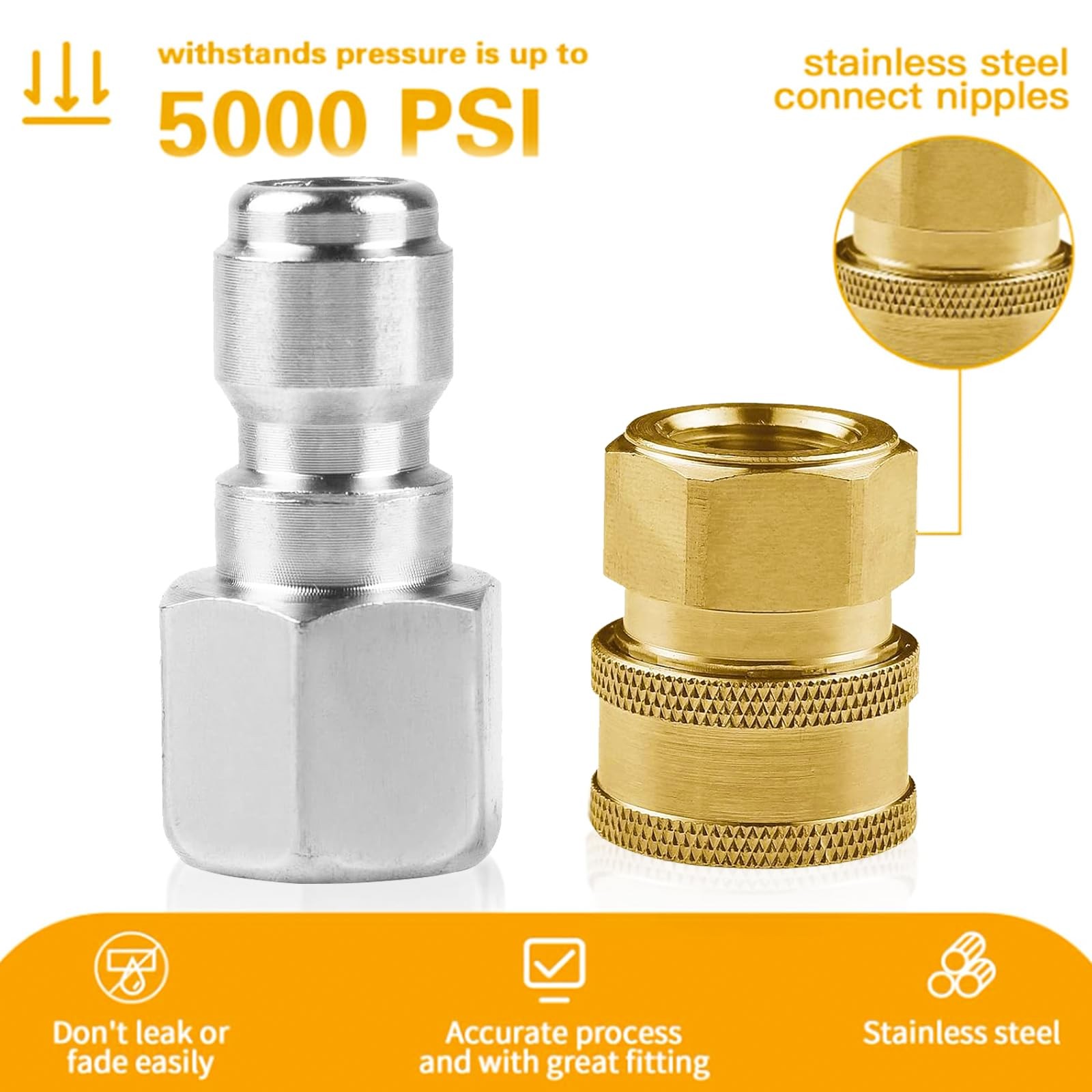 8 PCS NPT 3/8 Inch Stainless Steel Male Female Pressure Washer Quick 5000 PSI