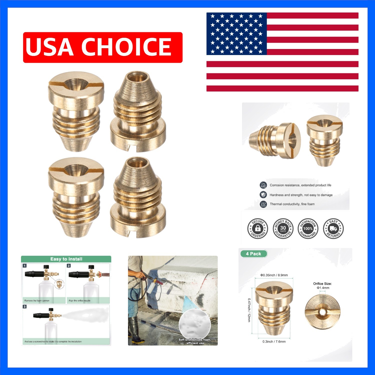 4-Pack Foam Cannon Orifice Nozzle, 1.4mm Brass Universal Thread Tips for Snow…