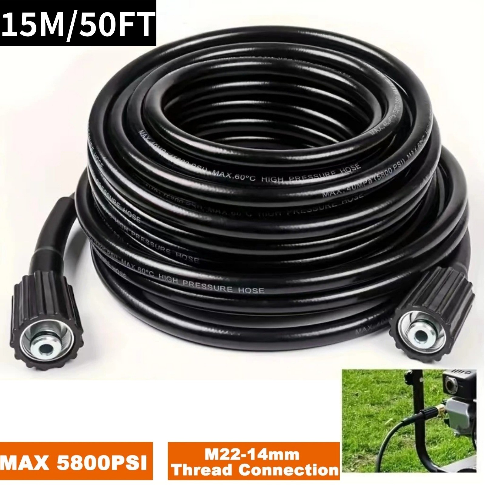 50ft. 5800 PSI High Pressure Washer Hose – M22 14mm Connector – Replacement Hose