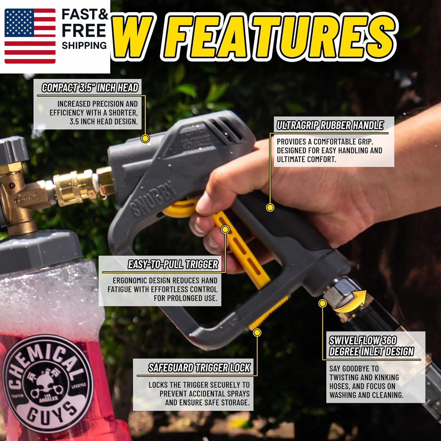 Snubby Pressure Washer Gun with Foam Cannon Attachment – Short Handle for Gas an