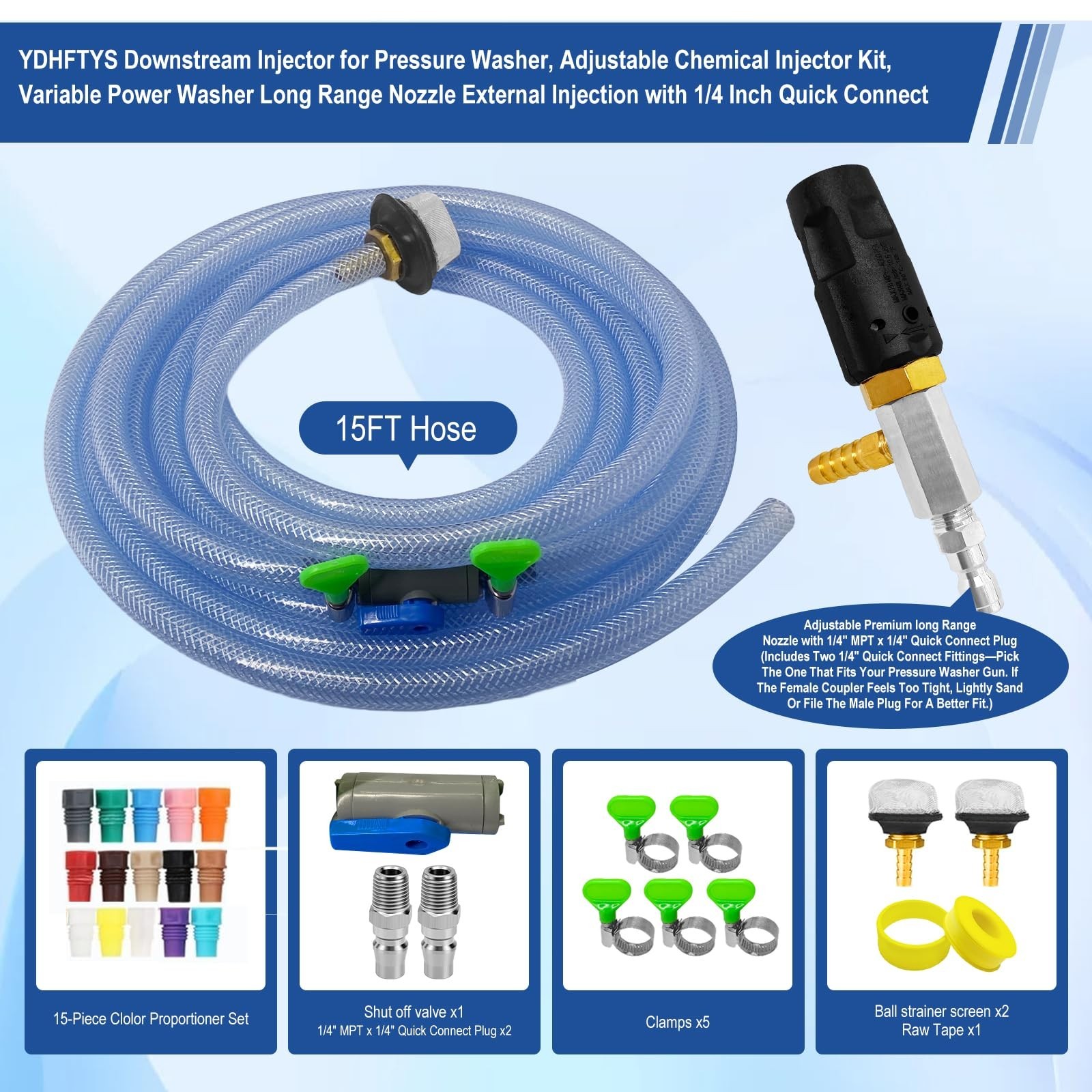 Adjustable Long Range Pressure Washer Nozzle Kit, 4-4.5 GPM, 15FT Hose, Chemical