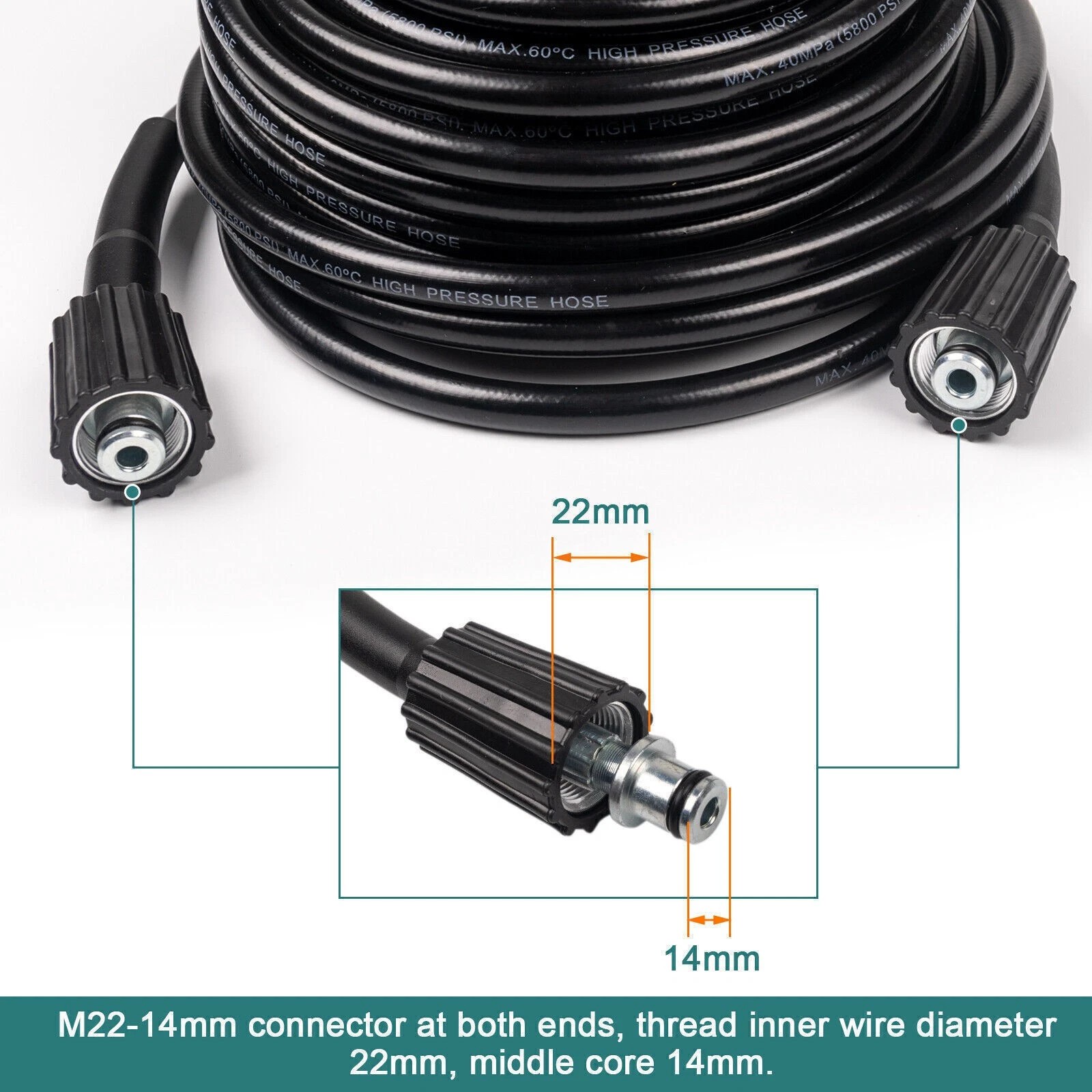 20FT 5800PSI High Pressure Washer Hose M22-14mm Power Washer Extension Hose US