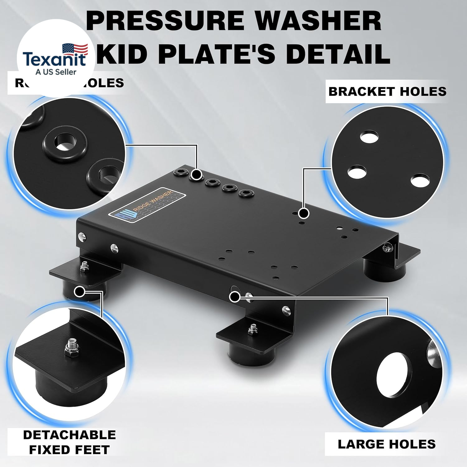 Pressure Washer Skid Plate Frame, Painted Steel with Detachable Fixed Rubber Fee