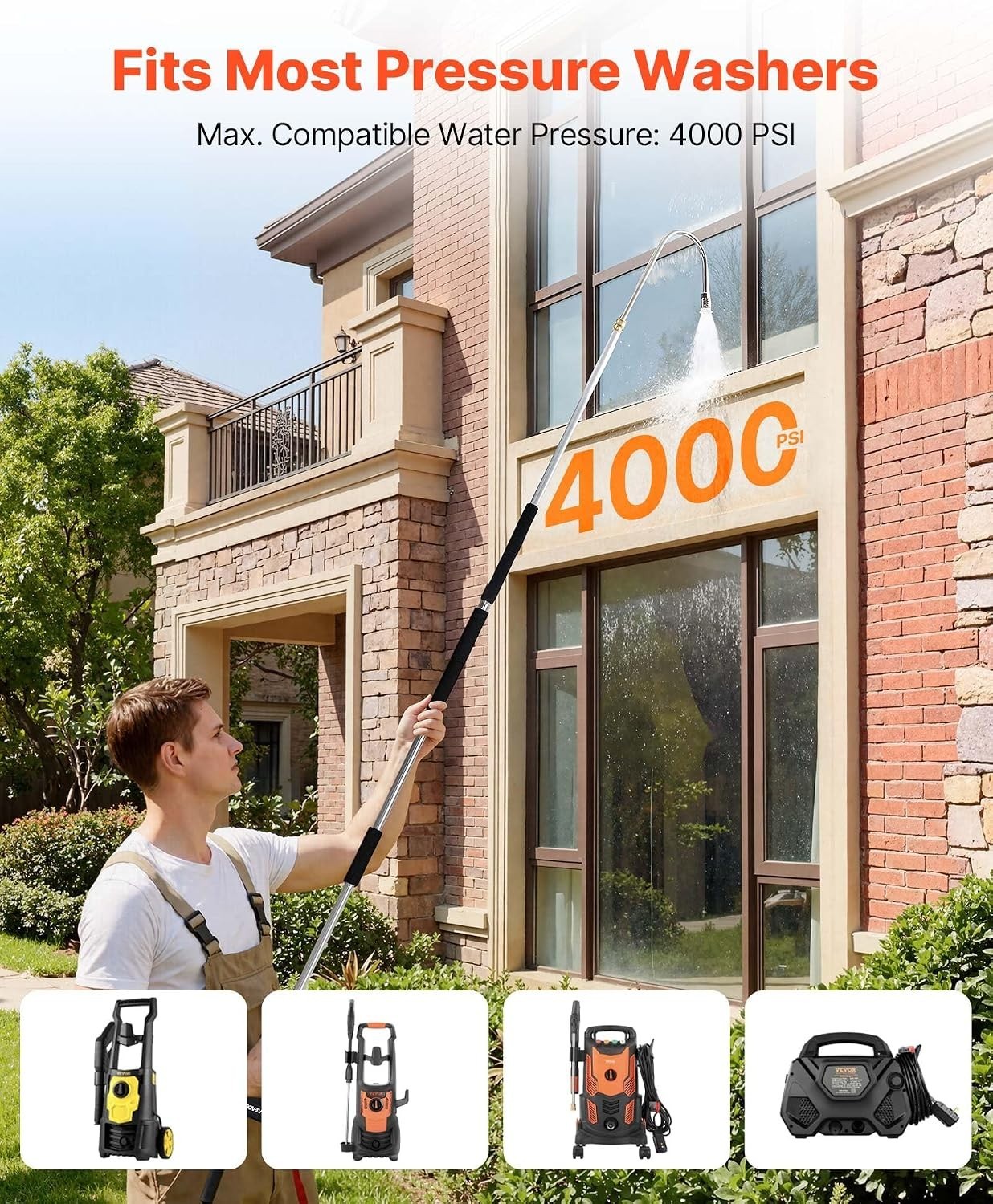 9 FT Telescoping Pressure Washer Extension Wand with 7 Nozzles for High Cleaning
