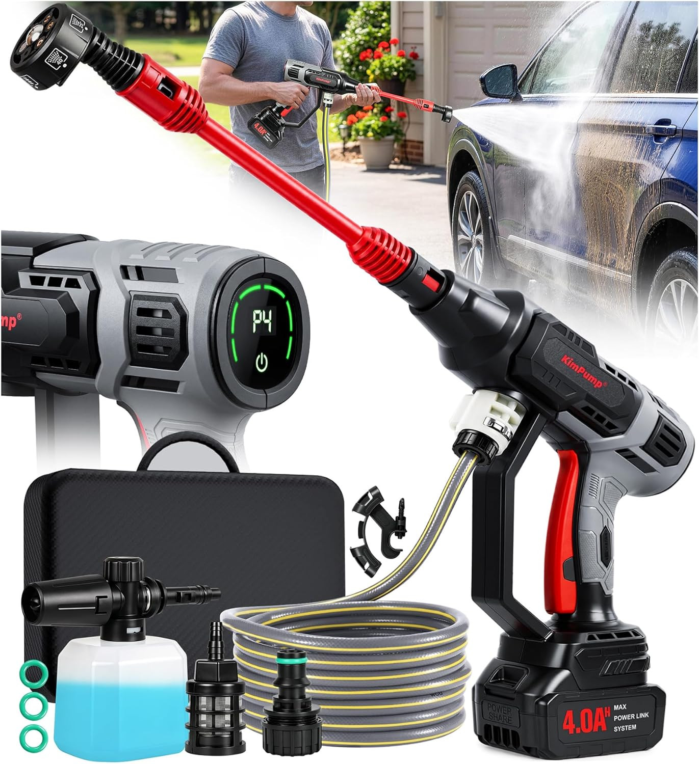 Cordless Car Washer with 6-In-1 Nozzle, Portable Vehicle Cleaning Tool with Copp