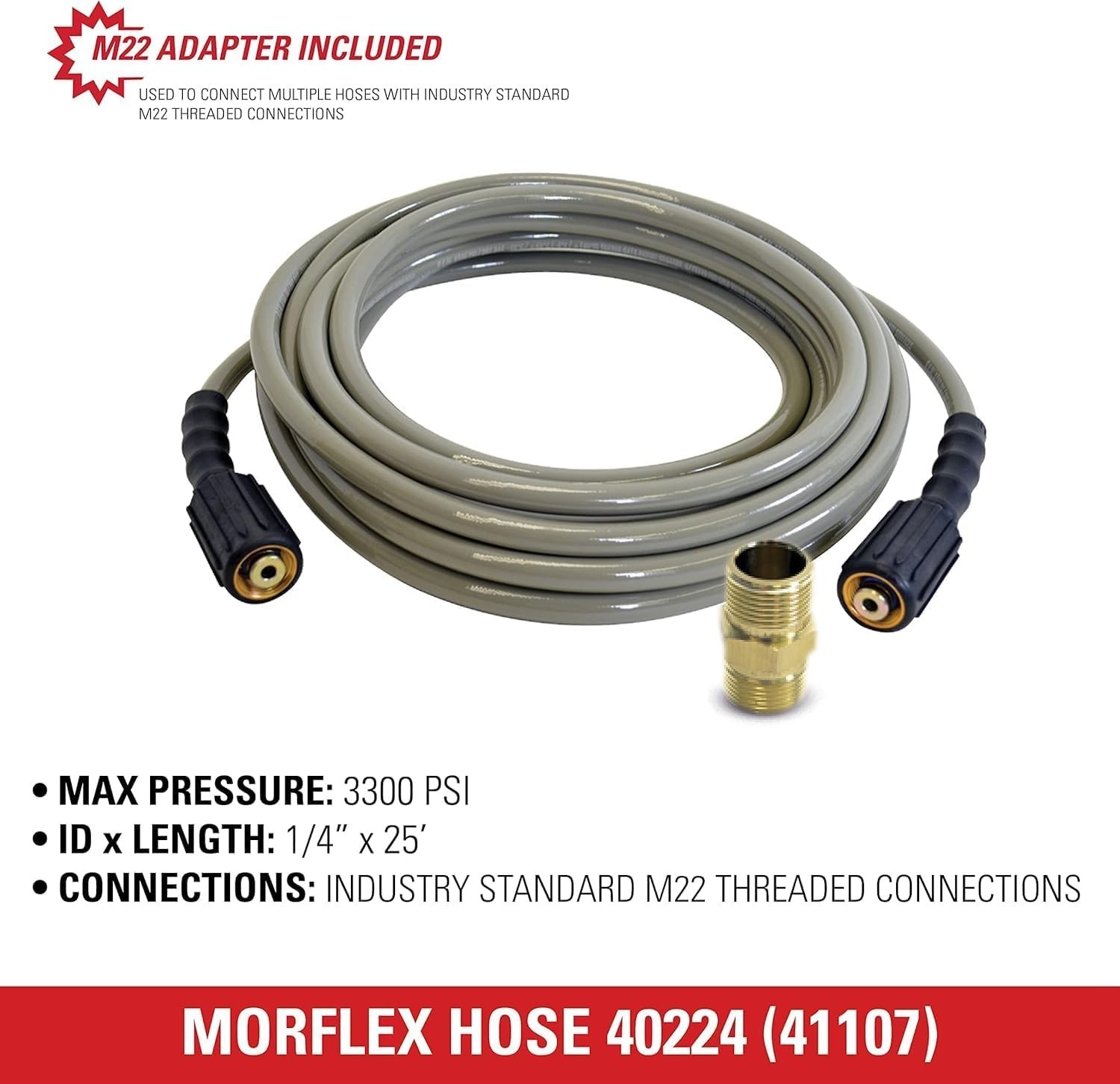 Durable 25-Foot 3300 PSI Pressure Washer Hose with M22 Connections for Easy Use