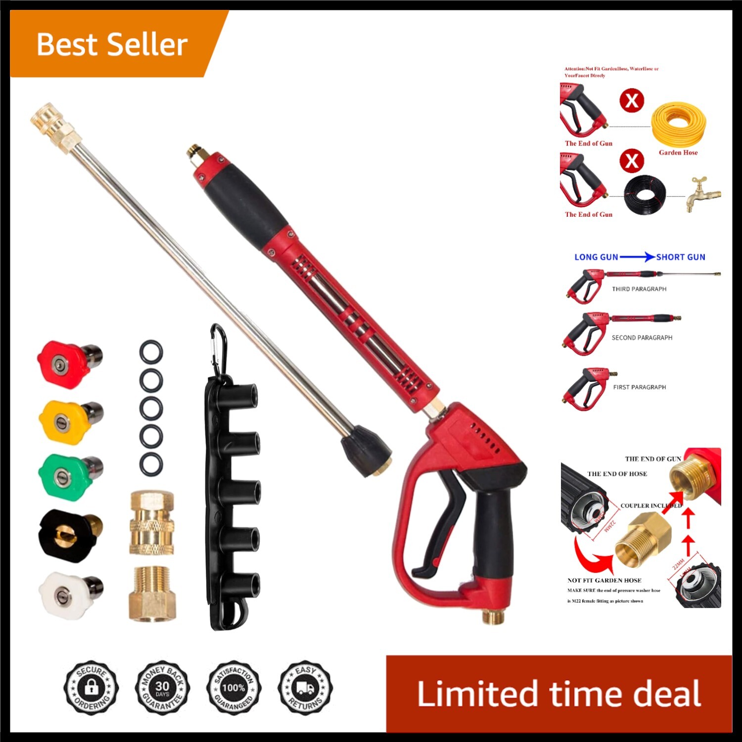 5000 PSI Brass Pressure Washer Gun Set: 40 Inch Wand & 5 Interchangeable Nozzles