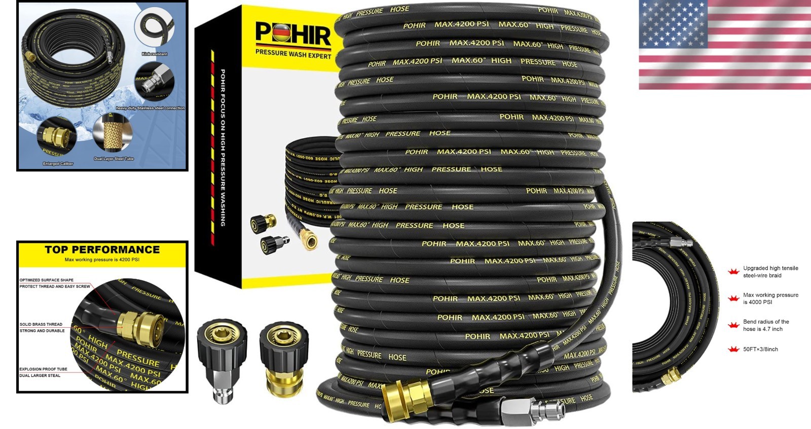 Durable 150ft Pressure Washer Hose, 4200 PSI