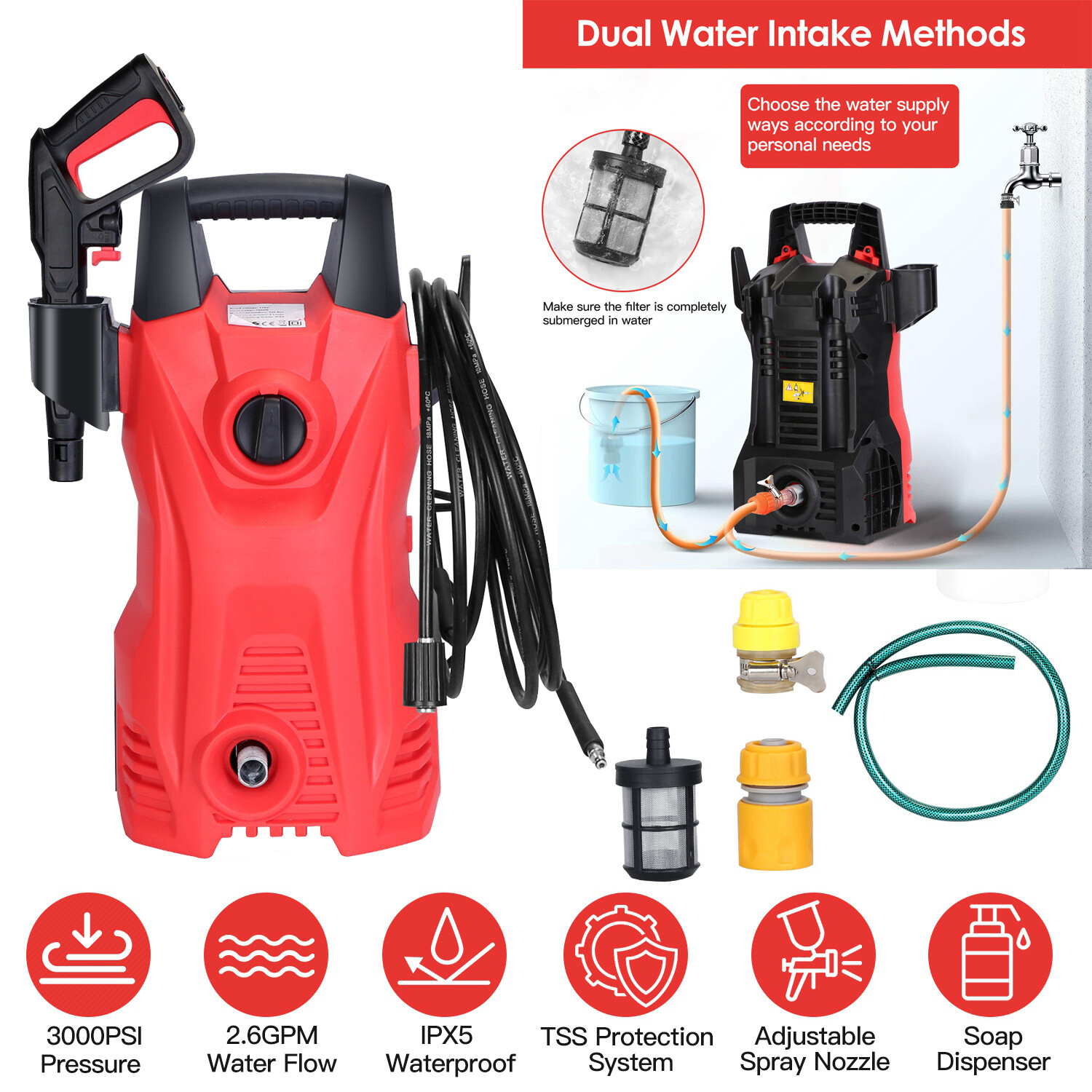 3000 PSI Powerful Electric High Pressure Washer Extended Rod Nozzle 16.4FT Hose
