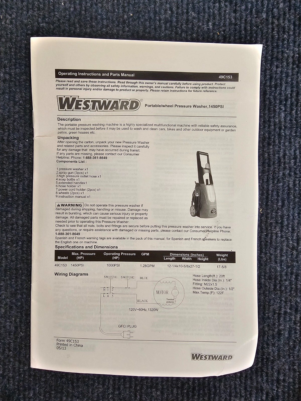 WESTWARD 49C153 Electric Pressure Washer: Cart, 120 V – Single-Phase, 1,450 psi,