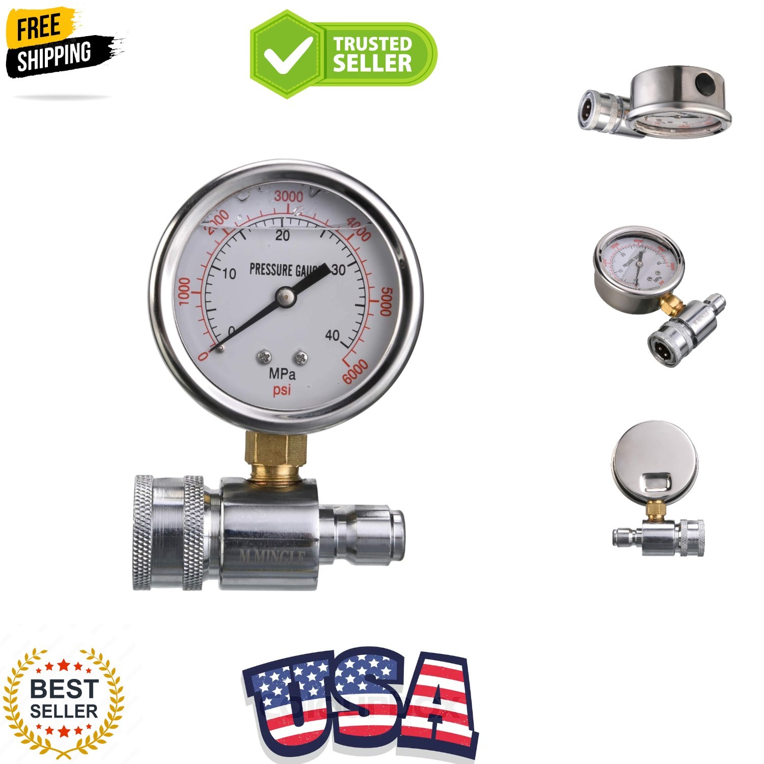 Pressure Washer Gauge Kit, 3/8 Inch Quick Connect, 6000 PSI