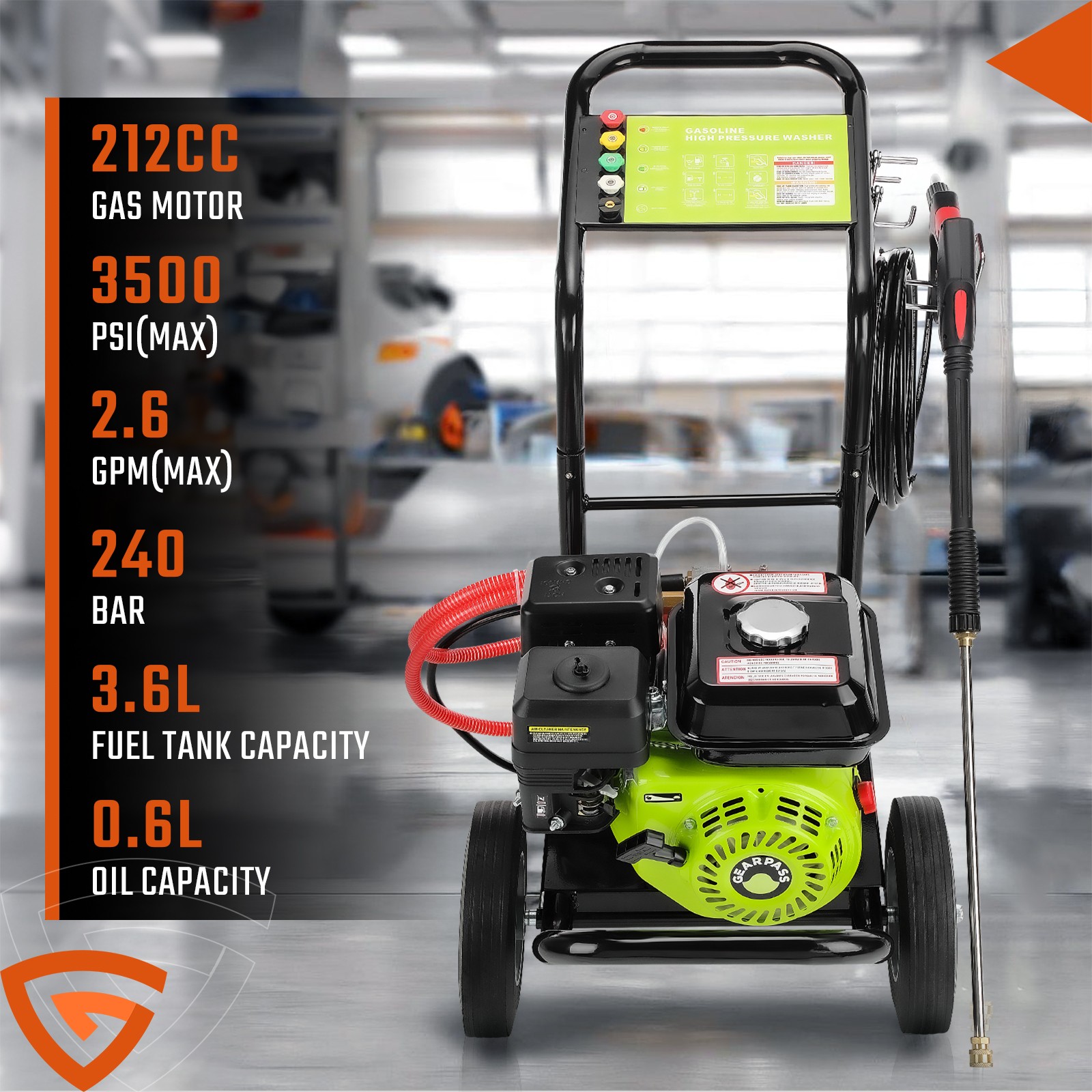 3500PSI Gas Pressure Washer Cold Water Gas Powered Washer 2.6GPM 212cc 5Nozzles