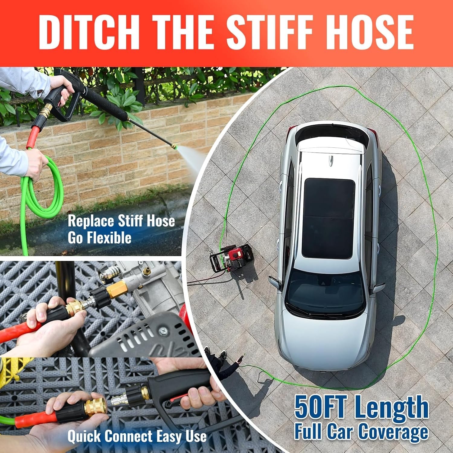 50FT Kink Resistant Pressure Washer Hose – 3700 PSI with Quick Connect Adapters