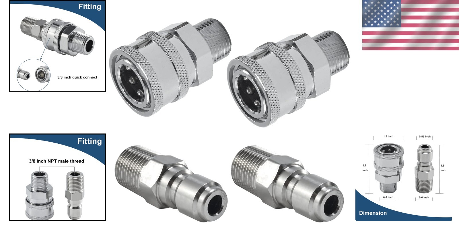 3/8 Inch Stainless Steel Quick Connect Pressure Washer Adapter Set – 4 Pieces
