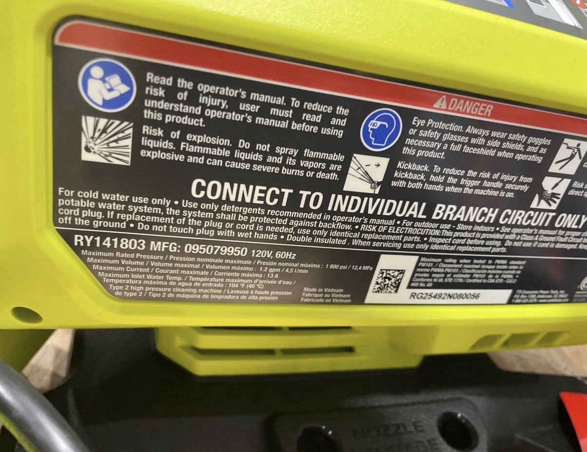 RYOBI 1800 PSI 1.2 GPM Cold Water Corded Electric Pressure Washer RY141803