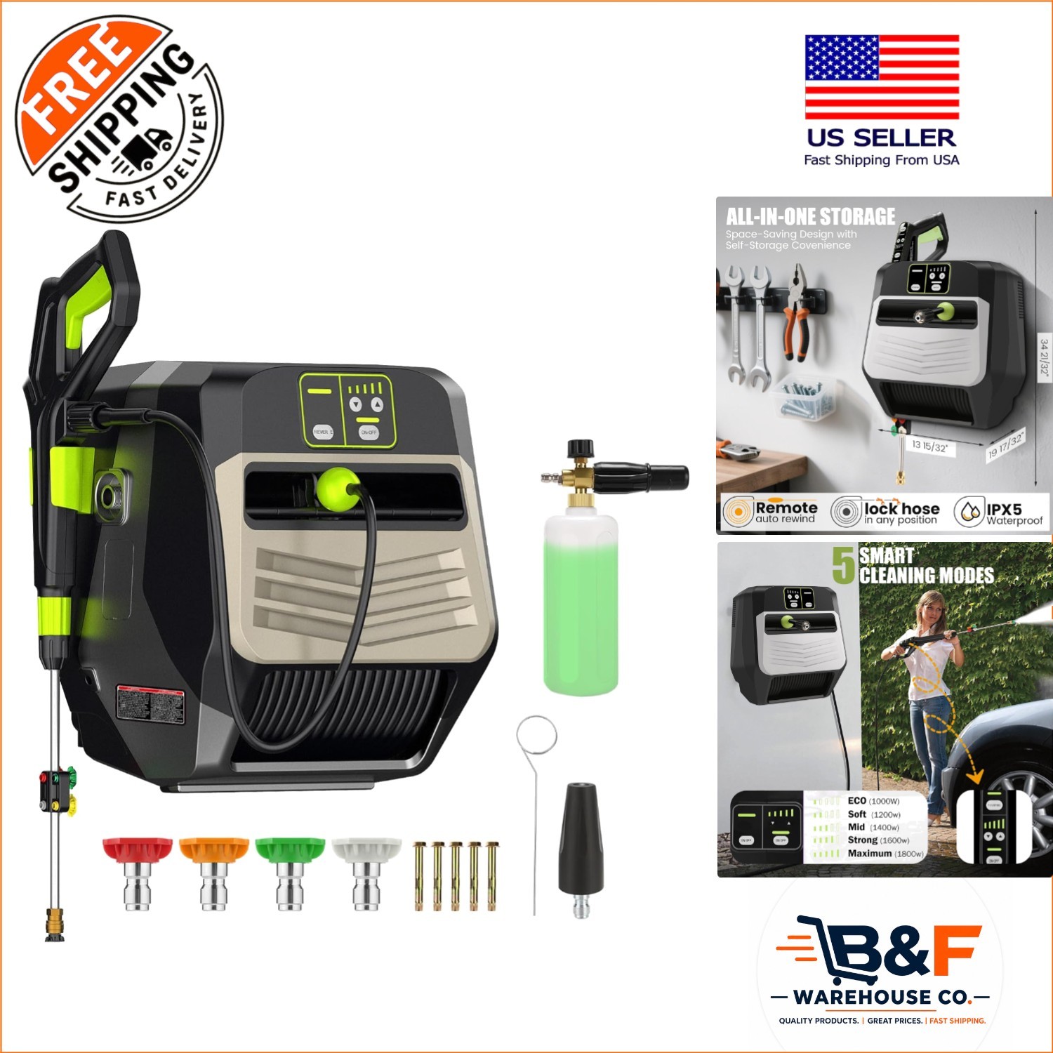 5-Level Adjustable Pressure Washer – 5500 PSI with Kink-Resistant 100FT Hose