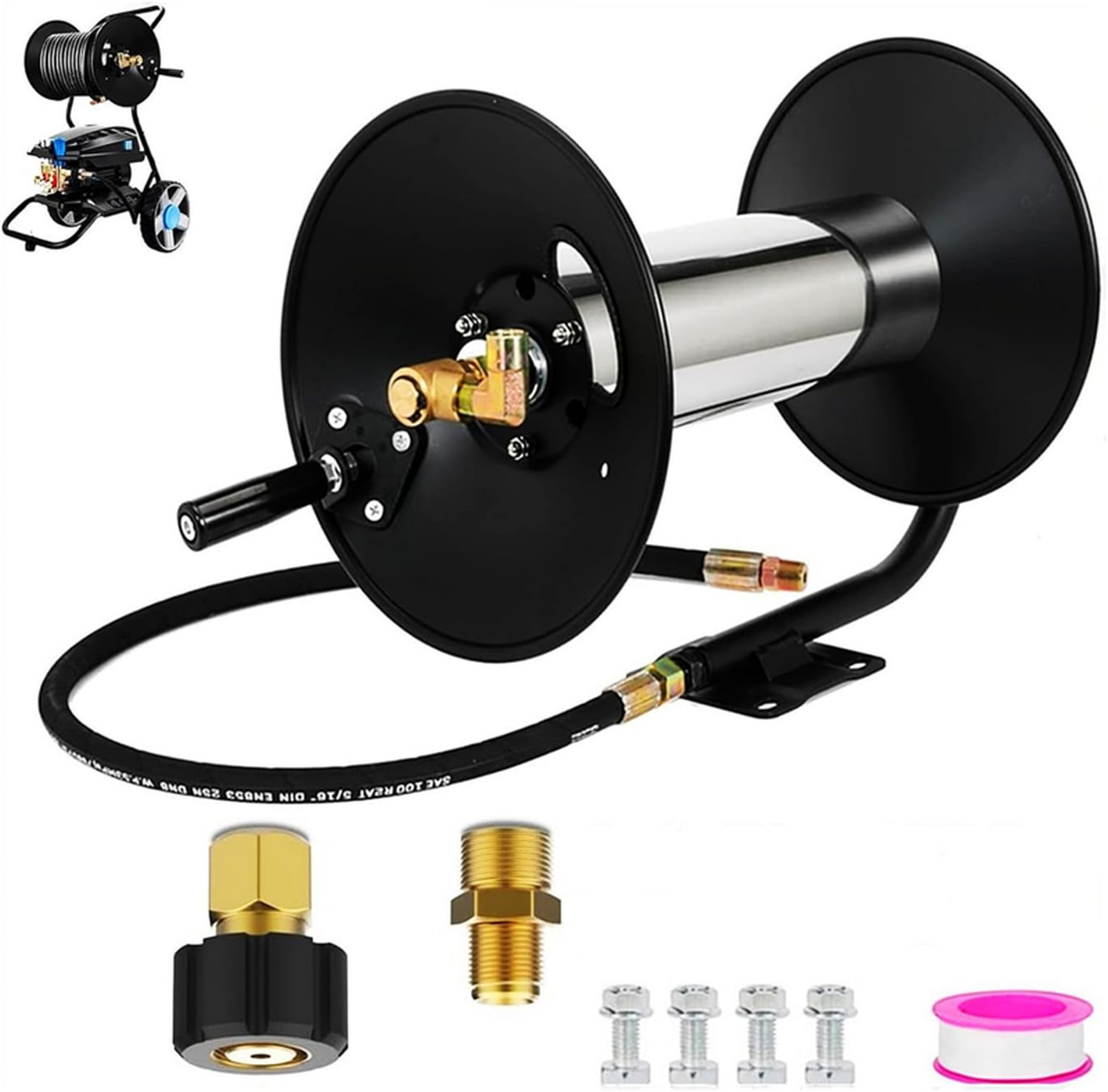 Pressure Washer Hose Reel，100FT Power Washer Hose Reel 3/8″ NPT Outlet Pipe