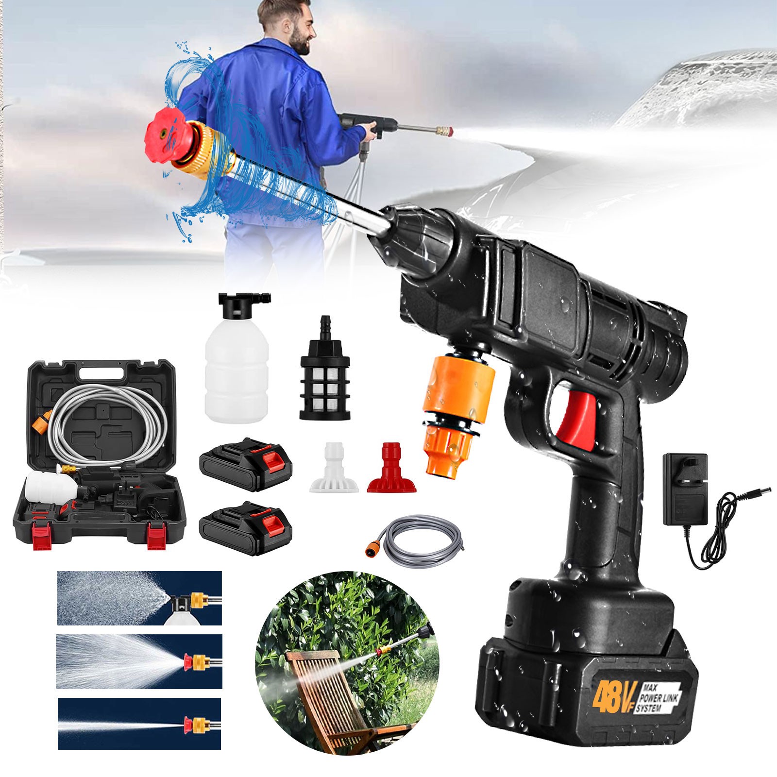 Portable Battery Power Washer 300W 435PSI Electric Water Spray Gun with Battery