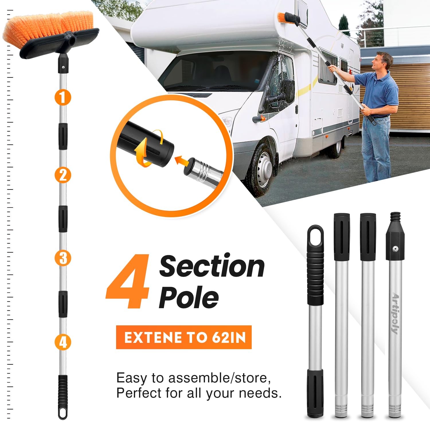 ARTIPOLY 65″ Car Wash Brush with Extension Pole, 10″ brush pole, Orange