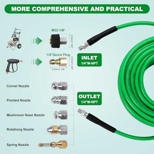 Sewer Jetter Kit 50 FT 5800 PSI 1/4 NPT Pressure Washer Drain Cleaning Hose